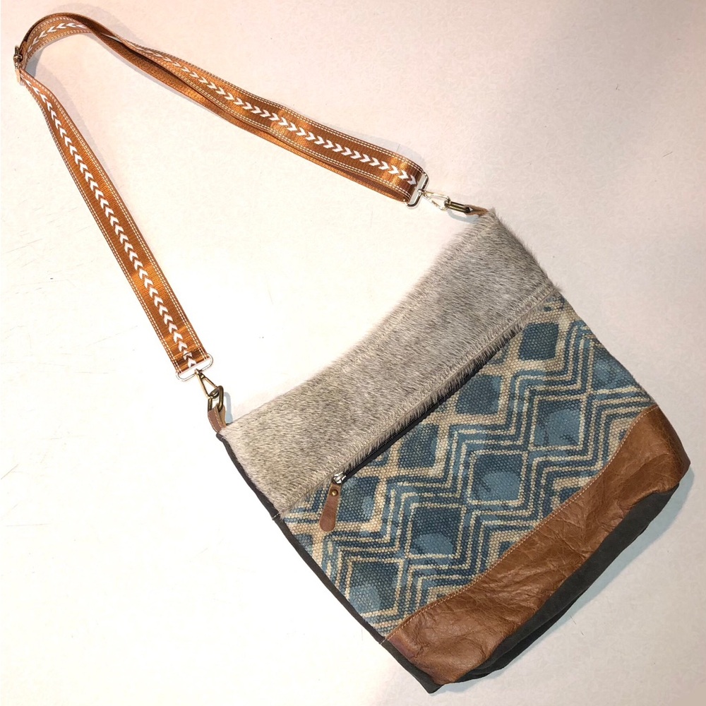 New Myra Bag Mid Town Tide Blue Geometric Aztec Brown Leather Cowhide Crossbody